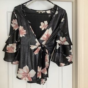 Gimmicks by BKE Metallic Wrap Top Blouse Floral Shimmer Ruffled Bell Sleeves, S